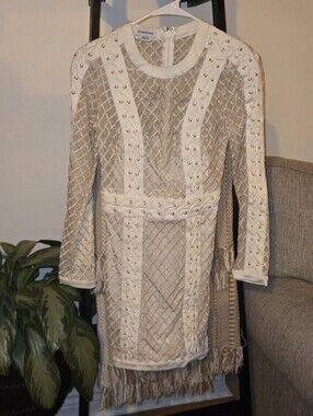 Bebe Gold Grid Mesh & Lace-Up Detail Mini Dress